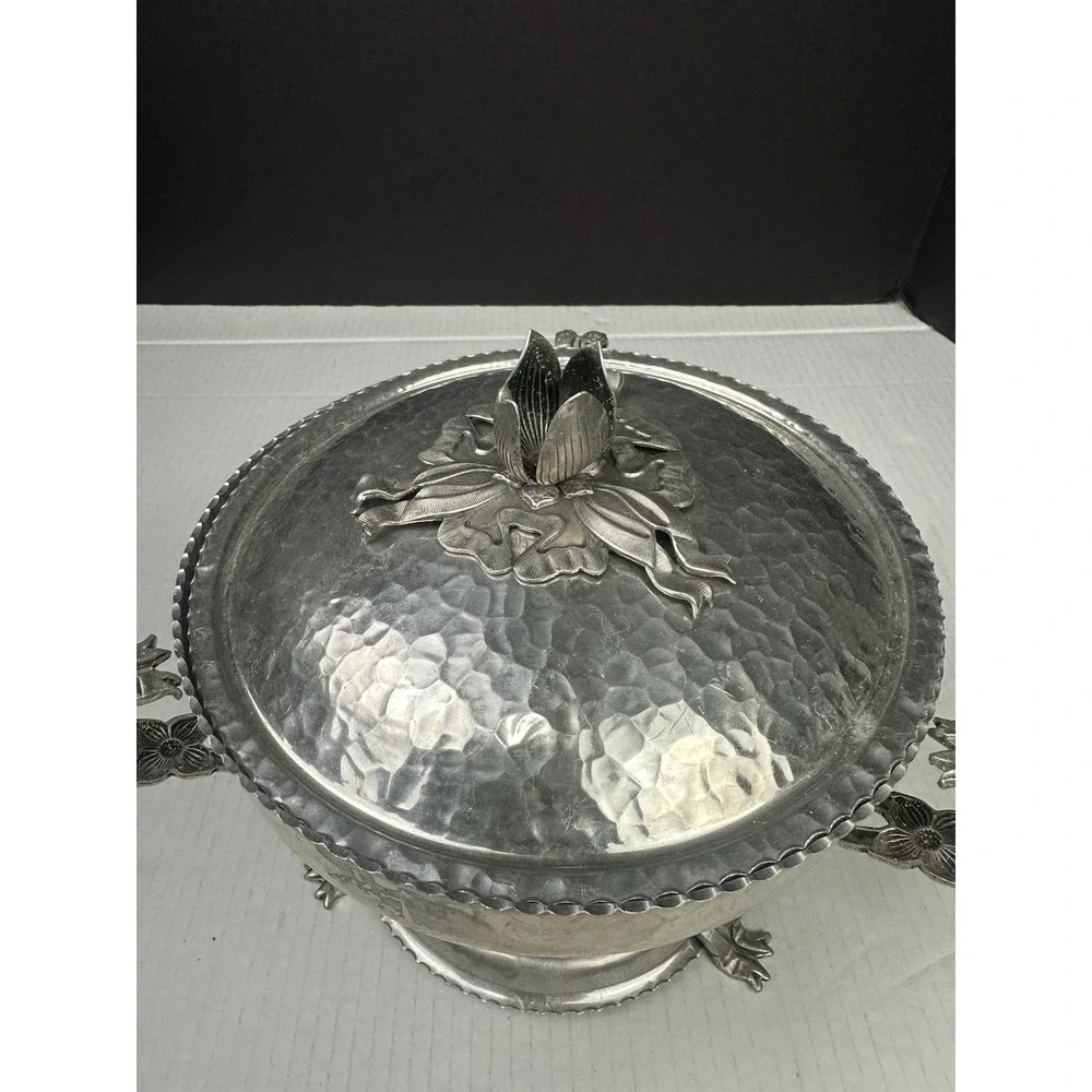 Vintage Hammered Aluminum 2 Qt Chafing Dish with Rose Design CIRCA 1950's